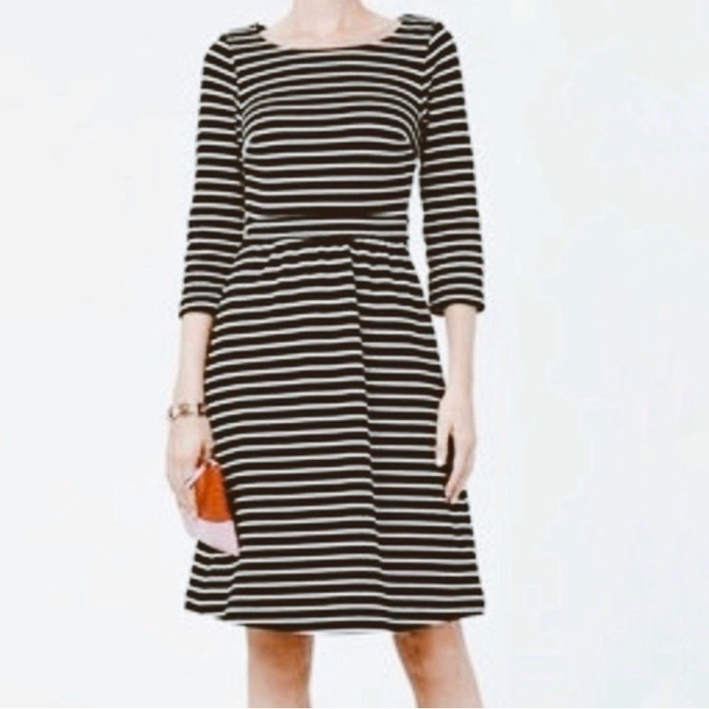 Boden Navy Blue Mustard Fit and Flare Striped Dress Size 6 Cotton Blend Pleated
